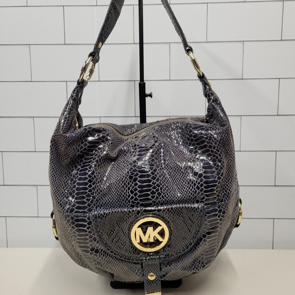 Michael Kors Gray Snake Embossed Hobo Shoulder Bag Gold MK Logo Purse Large